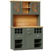 OKWISH Küchenschrank Stauraum Hoch Mit Glastüren Und LED Beleuchtung Highboard Sideboard Mit Stromanschlüssen Und Weinregal Für Küche Aus MDF In Antikgrün 120 x 45 x 188 cm