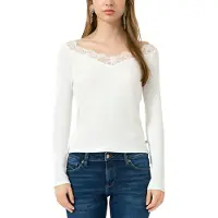 QS Langarmshirt , Damen, Gr. XL (42), weiß, Feinripp, Obermaterial: 100% Baumwolle, unifarben, tailliert hüftbedeckend, V-Ausschnitt, Shirts Langarmshirt, mit Spitzen-V-Ausschnitt