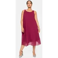 Sheego Chiffonkleid "Kleid", Damen, Gr. 52, Normalgrößen, lila (himbeere), 100% Polyester, unifarben, wadenlang, Rundhals, Kleider Chiffonkleid