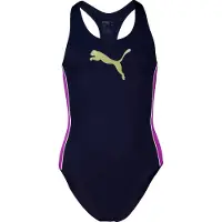 Puma Badeanzug "SWIM GIRLS T7 SWIMSUIT", Jungen, Gr. 116, N-Gr, blau (navy, electric orchid), Obermaterial: 82% Polyester, 18% Elasthan, Badeanzüge Badeanzug, Logoprint vorn