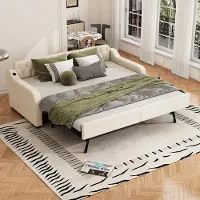 ALFORIGO Tagesbett 90x200 cm, Leinen/MDF, mit Rollbett, Sofabett mit Rollbett auf gleicher Höhe, Bettsofa mit integriertem USB-Ladeanschluss in Beige