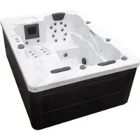HOME DELUXE - Outdoor Whirlpool - WHITE MARBLE Plus Treppe und Thermoabdeckung - Maße 210 x 160 x 85 cm - Inkl. Heizung, 27 Massagedüsen und 9 Lichtquellen I Außen Whirlpool Spa für 3 Personen