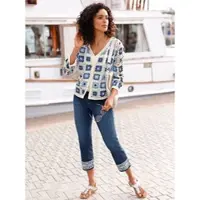 Inspirationen Strickjacke , Damen, Gr. 40/42, blau (ecru, jeansblau), 100% Polyacryl, gemustert, mehrfarbig, Strickjacken Strickjacke