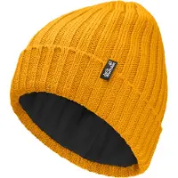 Jack Wolfskin Beanie "RIB KNIT BEANIE", Herren, Gr. onesize, gelb (burlygelb, jw), Obermaterial: 50% Polyacryl, 50% Wolle, Mützen Beanie, Strickmütze, warm, winddicht