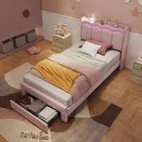 Ropilly Kinder-Polsterbett 90x200cm in Rosa mit Schublade und App-gesteuerter LED-Beleuchtung, mit wellenförmigem Kopfteil für das Kinderzimmer