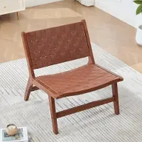 MODFU Freizeitstuhl Küchenstuhl mit geflochtener Sitzfläche, Esszimmerstühl aus Holzgestell, kompakter Loungesessel ohne Armlehnen für Wohnzimmer und Leseecke, Braun