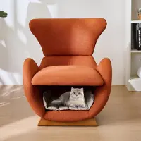 Markenlos Designer-Loungesessel aus Holz und Stoff im Walhai-Look mit Haustierhöhle, Brick Red, 1er Set