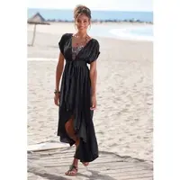 LASCANA Strandkleid , Damen, Gr. 38, N-Gr, schwarz (weiß, neutral), Web, Obermaterial: 100% Modal, figurumspielend knöchelfrei, tiefer V-Ausschnitt, Kleider Strandkleid, mit Bändern zum Knoten