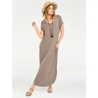 HEINE Jerseykleid "Shirtkleid Maxikleid mit seitlichen Taschen", Damen, Gr. 36, N-Gr, beige (sand), Modisch, V-Ausschnitt, Kleider Jerseykleid
