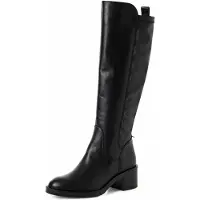 Tamaris Stiefel , Damen, Gr. 42, Textil, schwarz, Leder, Lederimitat, unifarben, Schuhe Stiefel, Blockabsatz, Langschaftstiefel mit T-Logoprägung, Topseller