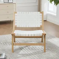 MODFU Freizeitstuhl Küchenstuhl mit geflochtener Sitzfläche, Esszimmerstühl aus Holzgestell, kompakter Loungesessel ohne Armlehnen für Wohnzimmer und Leseecke, Weiß