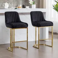 Sonstiges Barhocker 2er Set Samt mit Rückenlehne und goldenem Metallbein Schwarz