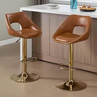 Sonstiges Barhocker 2er Set, höhenverstellbar, 360° drehbar, mit Rückenlehne, goldene Fußstütze, Kunstleder, Braun