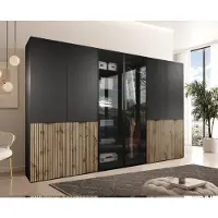 MOEBLO Drehtürenschrank Minewra Antisol 300 cm, Falttürenschrank 6-türig, Schrank mit Einlegeböden und Kleiderstange, Schlafzimmer - Schwarz + Sento