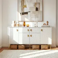 Sonstiges Sideboard 160 cm Strukturfront Weiß MDF lackiert 4 Türen 6 Fächer 160x40x80 cm