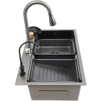 StarTech.com Küchenspüle 75 cm - Doppelbecken aus Edelstahl 304 - Aufsatz- oder flächenbündige Montage - Auszieharmatur 30 cm - Nanowaben-Oberfläche - Gun Grey