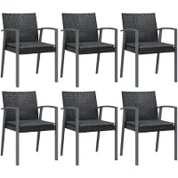 Markenlos 6 Gartenstühle aus schwarzem Poly-Rattan mit Kissen, 56,5x57x83cm, für Garten und Terrasse