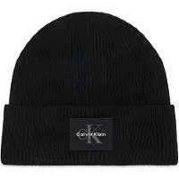 Calvin Klein Beanie JEANS "MONOLOGO PATCH RIB BEANIE", Herren, schwarz, Strick, Viskosemischung, unifarben, Mützen Beanie, Regular fit mit Markenlogo