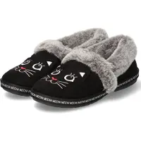 SKECHERS Pantoffel "TOO COZY MEOW PAJAMAS", Damen, Gr. 38, Warmfutter, schwarz, Synthetik, Velourslederimitat, Schuhe Pantoffel, Hausschuh mit gesticktem Katzengesicht, Topseller