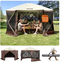 Vevor Pop-Up-Pavillonzelt, Pop-Up-Zelt mit 6-seitigem Baldachin, Sonnenschutz mit 6 abnehmbaren Sichtschutz-Windtüchern und Netzfenstern, 3,5 x 3,5 m, Schnellaufbau-Zelt mit Moskitonetz, braun