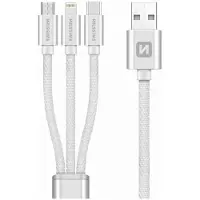Swissten Textile 3-in-1 Cable 1.2m, 1,2 m, USB A, USB C/micro-USB B/Lightning, Silber