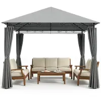 LEADZM Pavillon Gartenpavillon Terrassenpavillon Partypavillon 3x3m mit Vorhängen UV-beständig wetterfest Metallrahmen,für Garten Terrasse Balkon,Grau