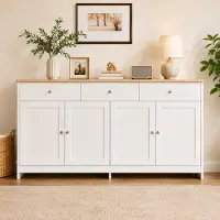 Merax Kommode mit drei Schubladen und vier Klappen,Sideboard im Landhausstil, Anrichte Aufbewahrungsschrank Wohnzimmerschrank, 160x75x37cm, Weiß