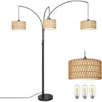 Lapamax 180cm Stehlampe Bogenlampe Wohnzimmer, 3-Flammige Rattan Standleuchte, LED Leselampe Vintage Stehleuchte mit Drehschalter für Schlafzimmer Büro