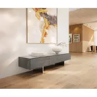 DELIFE Lowboard Cuor 150 cm Keramik Beton Grau 1 Klappe 1 Schubfach Fuß Schwebeoptik Edelstahl