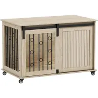 PawHut Hundekäfig 100 cm Hundebox für Zuhause mit Rollen, 2 Schiebetüren, Eiche