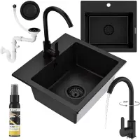 Granitan - Granitspüle Schwarz - Spülbecken 45x42 cm - ab 50er Unterschrank - mit Armatur PRESTIGE und Siphon - TEOR