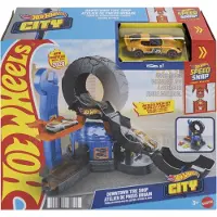 Hot Wheels City Downtown Reifenwerkstatt Spielset mit Spielzeugauto im Maßstab 1:64, mit dem Track-Schnellstecksystem kompatibel, Fahrzeug- & Schienen-Set, 3 Jahr(e), Kunststoff, Mehrfarbig