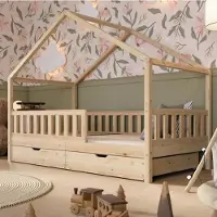 Crazy Pine Hausbett mit Schubladen 90x190 cm – Kinderbett aus Naturholz – Bodenbett mit Stauraum und Abnehmbarer Barriere - Crazy House