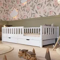 Crazy Pine Kinderbett mit Schublade 200x140cm – Massives Montessori Bodenbett aus Holz in Weiß mit Rausfallschutz – Crazy Basic
