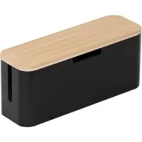 Relaxdays Kabelbox für Steckdosenleiste, Bambus, Deckel HBT 14,5x34x11cm, Kabel verstecken, Steckdosenbox, natur/schwarz