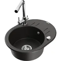 Mexen Kevin 1 Becken-Granitspüle mit Abtropffläche und Mischbatterie Duero, Schwarz/Gold metallisch - 6517-75-671600-00