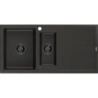 Mexen Andres 1,5-Becken-Granitspüle mit Abtropffläche 1000 x 500 mm Schwarz/Gold metallisch, Siphon Schwarz - 6515101510-75-B