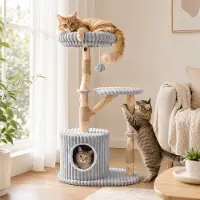 Costway Katzenkratzbaum aus Naturholz mit Katzenhöhle 105 cm, Kratzbaum mit Jute Kratzsäulen, abnehmbarem Kissen, Spielball & Kletterbaum, für Katzen