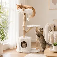 Costway Katzenkratzbaum aus Naturholz mit Katzenhöhle 105 cm, Kratzbaum mit Jute Kratzsäulen, abnehmbarem Kissen, Spielball & Kletterbaum, für Katzen