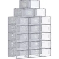 Unyqoos 18er-Set transparente Schuhboxen aus Kunststoff, faltbar & stapelbar, mit Fronttür und Belüftung, Innenmaße 31,2×22,5×13,5 cm, bis Gr.44, transparent‑grau