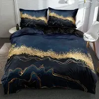 Sonstiges Bettwäsche-Set 200x220 cm 3-teilig Marmor Gold Blau Mikrofaser mit Reißverschluss