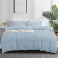 Sonstiges Bettwäsche Set Seersucker Blau 200x220cm 2 Kissenbezüge 80x80cm Atmungsaktiv Kühlend Mikrofaser mit Reißverschluss