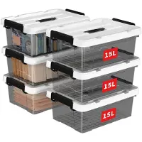 Merkloos Omgoods – Set aus 6 stapelbaren Aufbewahrungsboxen mit Griff (15 Liter, transparent, schwarz)