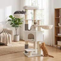Feandrea Kratzbaum, mit selbstwärmenden Decken, Katzenbaum, 2 Katzenbürsten, große Plattformen, weiß-beige