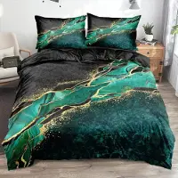 Sonstiges Bettwäsche Set 200x220 cm 3tlg Marmor Schwarz Grün Mikrofaser mit Reißverschluss