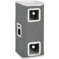 Moonbite 4-stufige Kratztonne mit 3 Höhlen, Katzenturm 100 cm, flauschige Bälle, für 1–2 Katzen bis 7 kg, Polyester, Grau