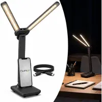 LUMILED LED Schreibtischlampe LEPUS 9W Dimmbar 3 Lichtfarben Handyhalterung Schwarz Tischlampe mit 2 beweglichen Lichtarmen, 360 lm, 3000K/4500K/6500K, USB-C Anschluss und integriertem Handyhalter