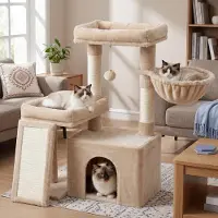 Feandrea Kratzbaum mit Katzenhöhle, Hängematte und Kratzbrett 60 x 40 x 85,8 cm Beige