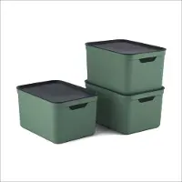 Merkloos Set aus 3 dekorativen Aufbewahrungsboxen mit Deckel - Grün/Anthrazit 16L