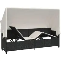 vidaXL Sonnenliege mit Dach und Kissen Schwarz Poly Rattan